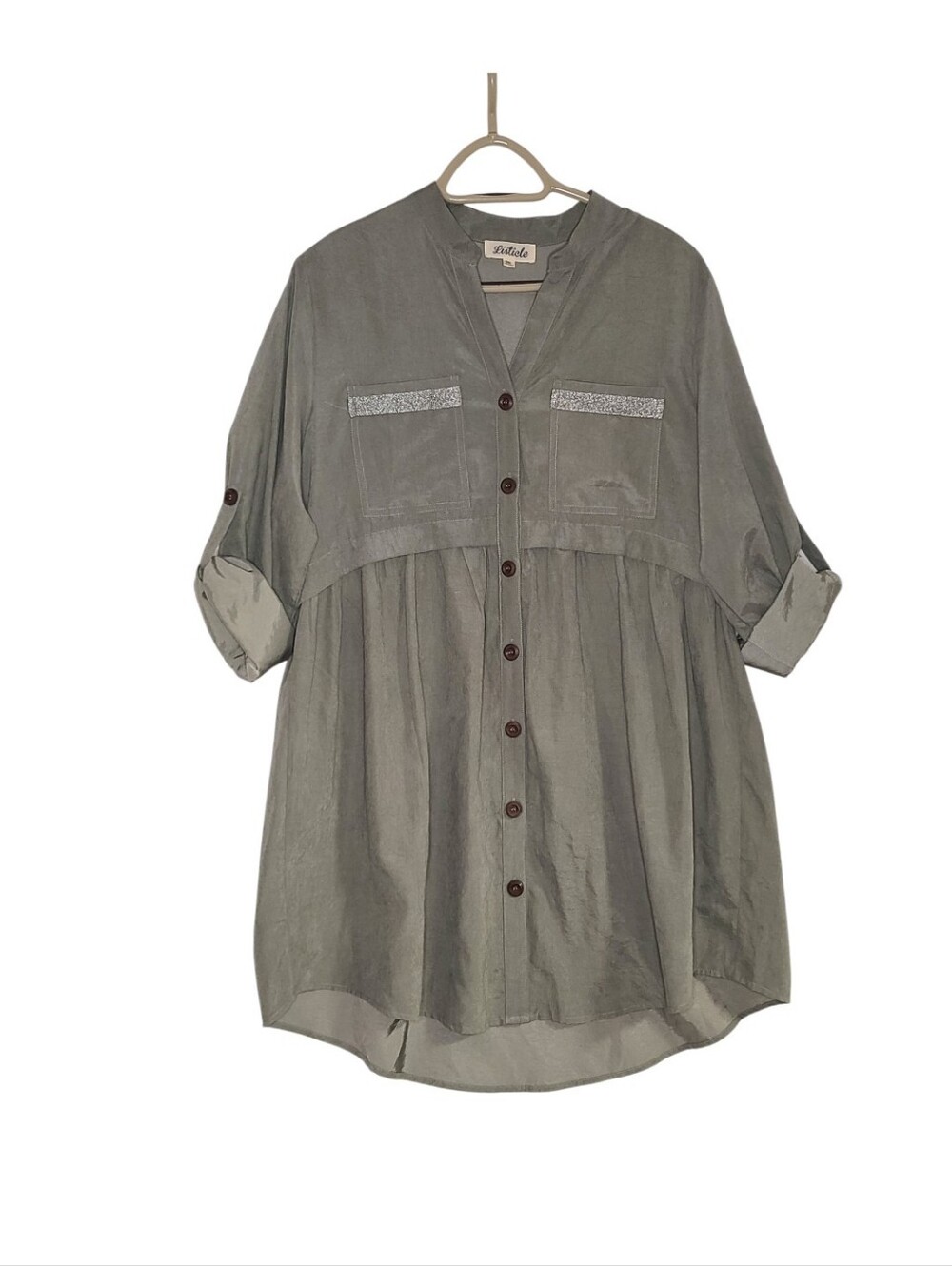 Listicle Sage Green Button Down Babydoll Tunic Top Size M Embellished Pockets
